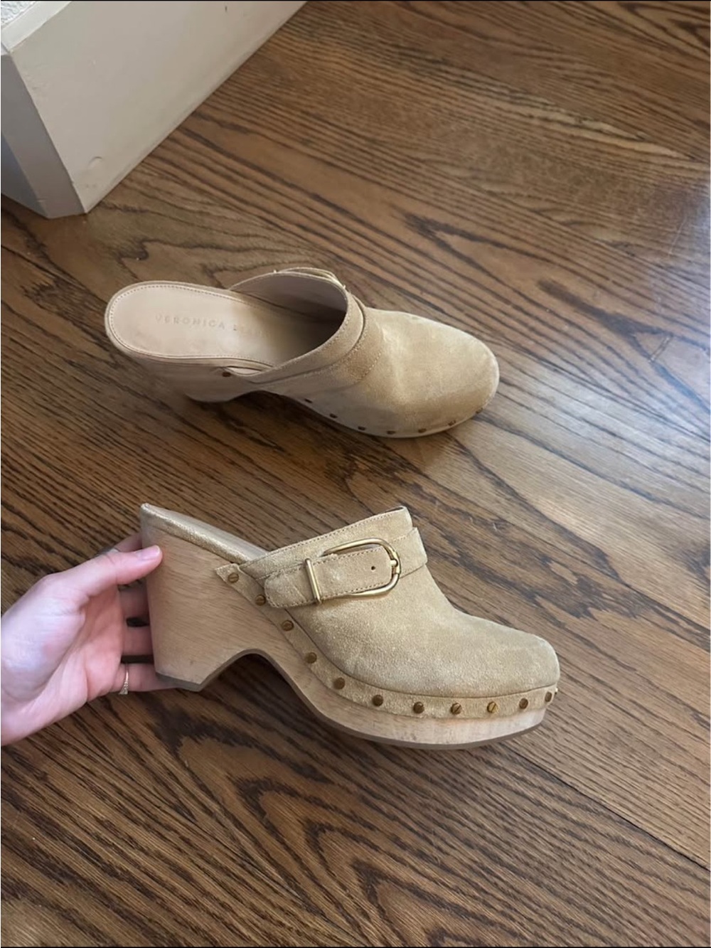 Veronica Beard Beige Suede Studded Clog Mules with Buckle Accent